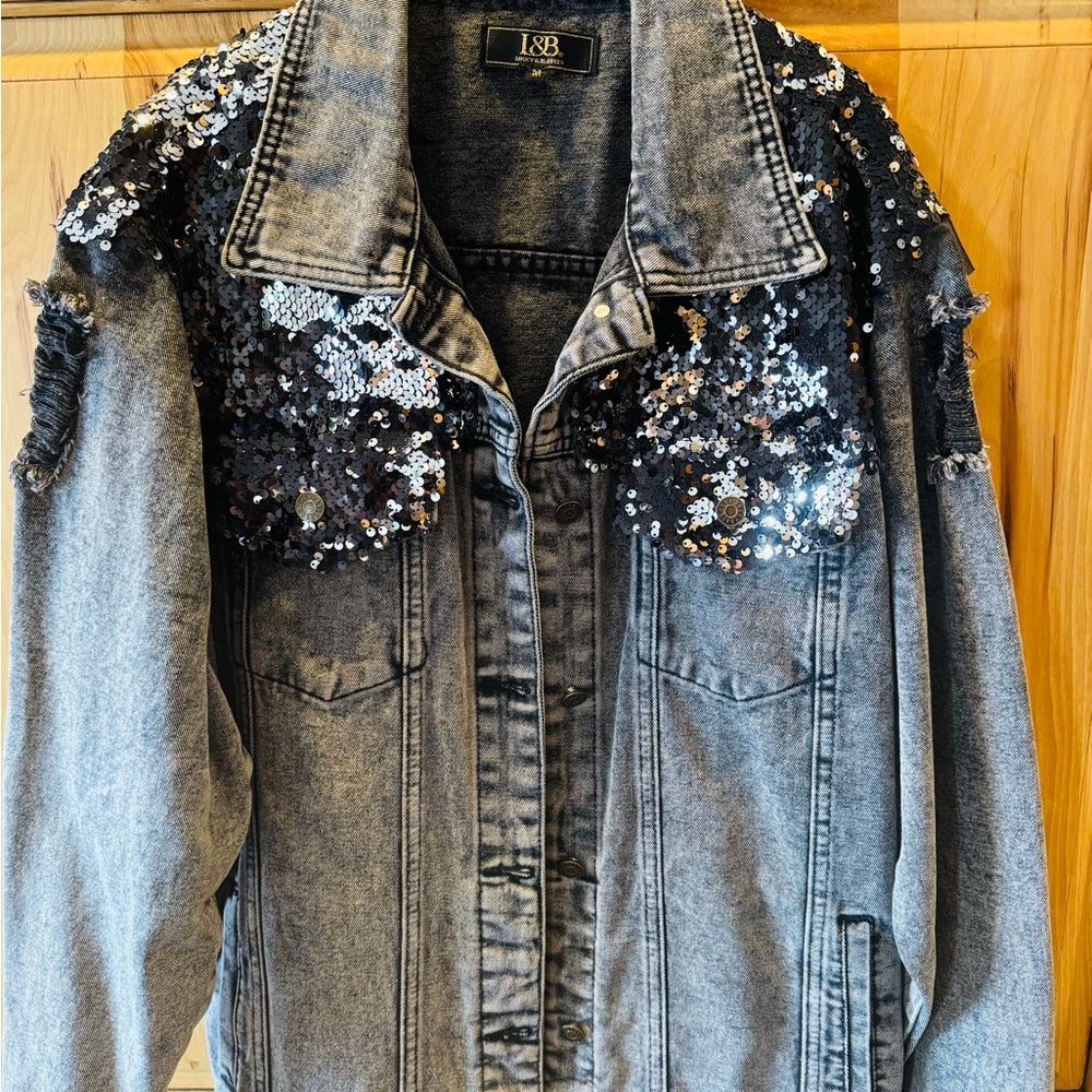 L&B Women's Black Sequin Gray Denim Jacket
